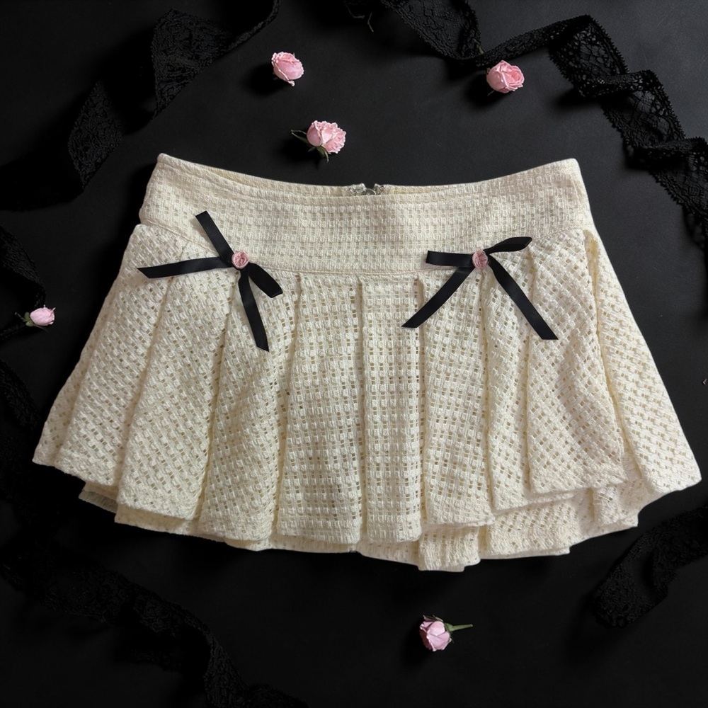 Coquette Ivory Crochet Pleated Mini Skirt Black Ribbon Bows Balletcore Small